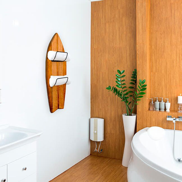 Porta Toalhas Marchetada Prancha de Surf Artesanal Madeira Decoração Estilo Praiano