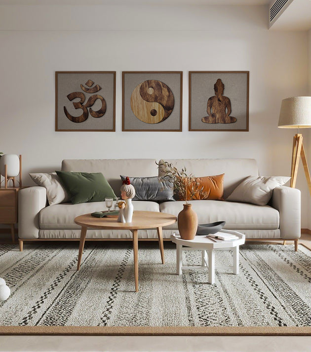 Kit 3 Quadros Artesanais Alto Relevo 60x60 Om Yin Yang Buda Decoração