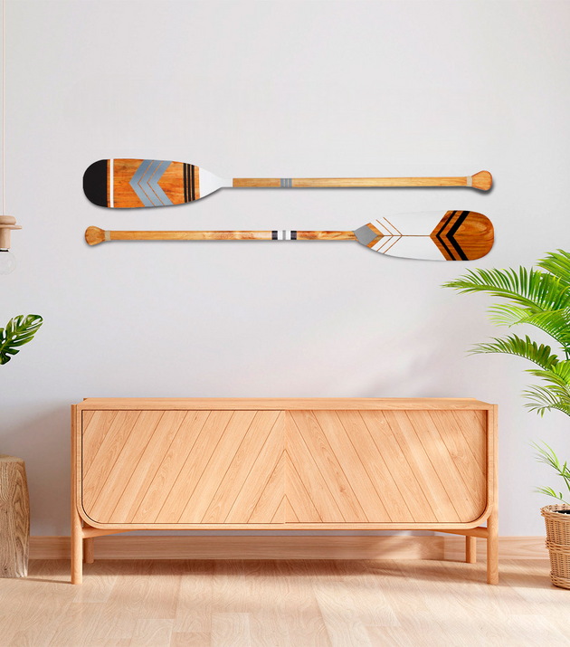 Kit 2 Remos Decorativos Tribais Artesanais, Madeira Natural, Pinturas 03 e 05, Estilo Étnico para Parede