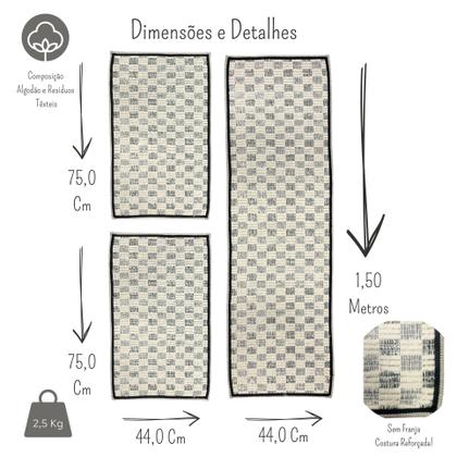 Kit 3 Peças Tapetes e Passadeira Algodão