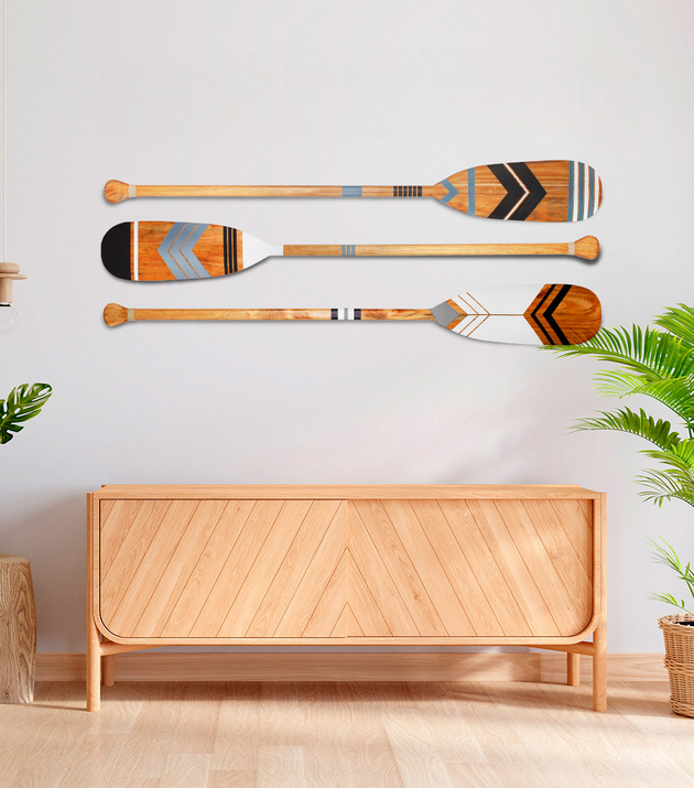 Kit 3 Remos Decorativos Tribais Artesanais em Madeira Pintados à Mão Casa Tukã