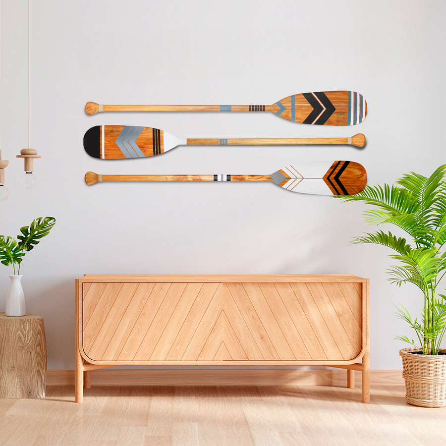 Kit 3 Remos Decorativos Tribais Artesanais em Madeira Pintados à Mão Casa Tukã