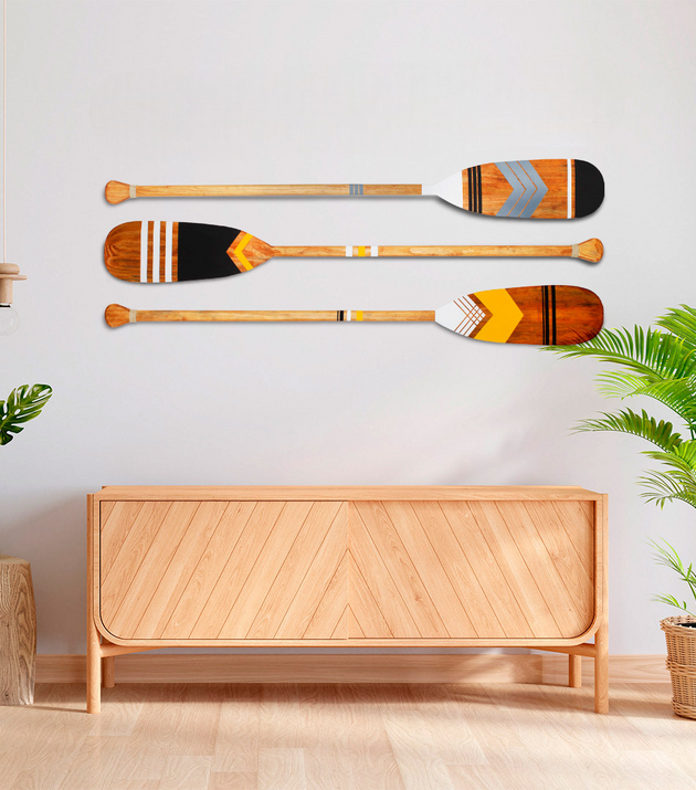 Kit 3 Remos Decorativos Tribais Artesanais Madeira Pintados à Mão Casa Tukã