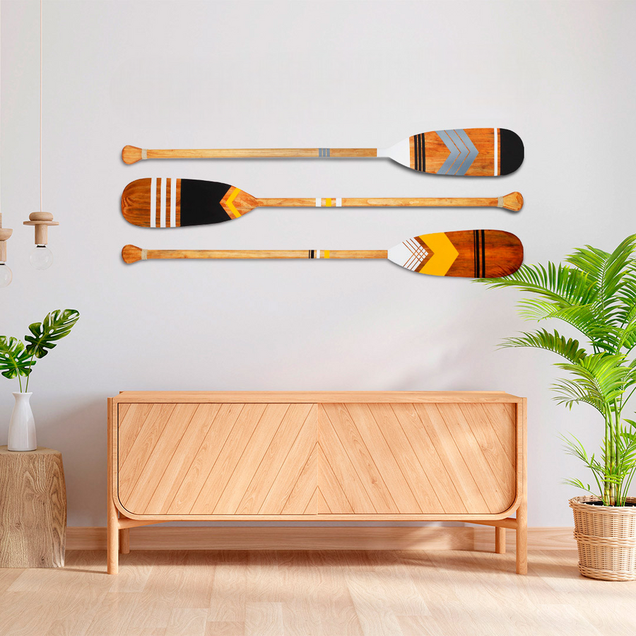 Kit 3 Remos Decorativos Tribais Artesanais Madeira Pintados à Mão Casa Tukã